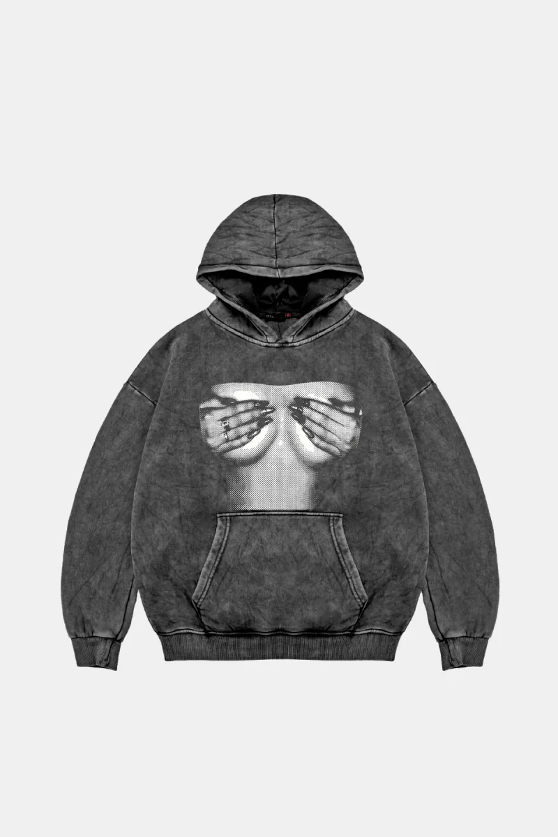 Silhouette Boobs V2 Baskılı Oversize Unisex Yıkamalı Siyah Hoodie
