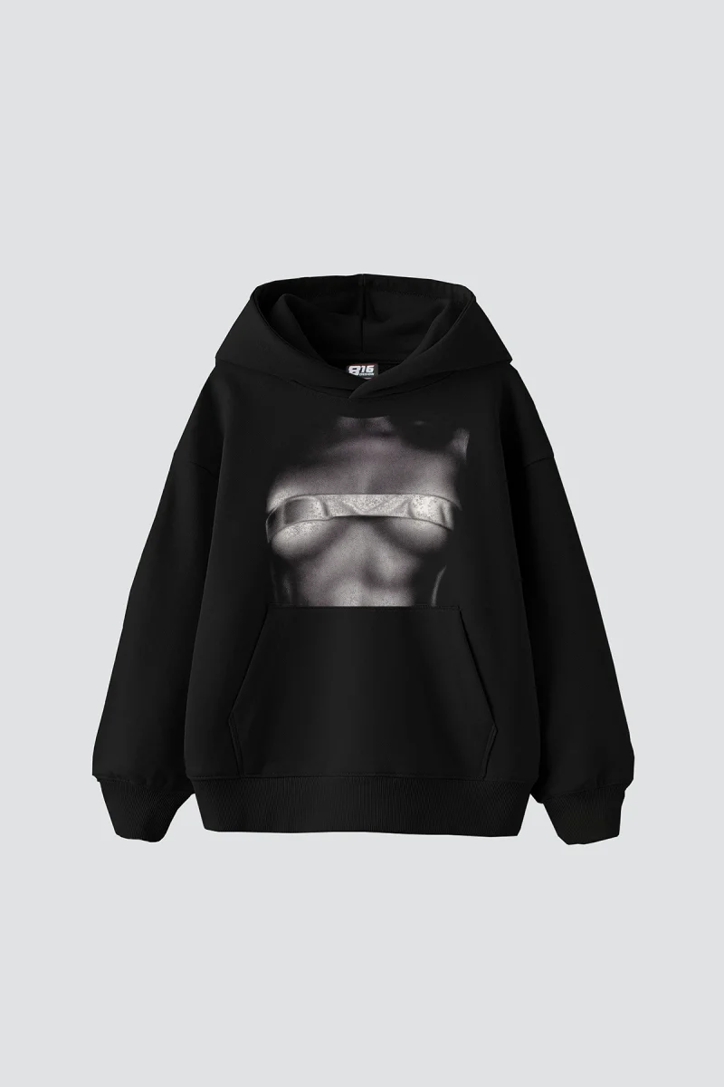Silhouette Nudes Baskılı Oversize Unisex Siyah Hoodie