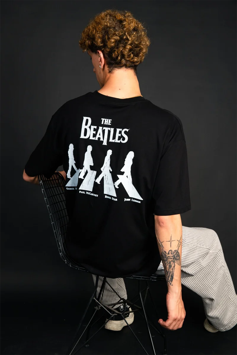 Siyah The Beatles Baskılı Oversize Unisex Pamuk Tişört