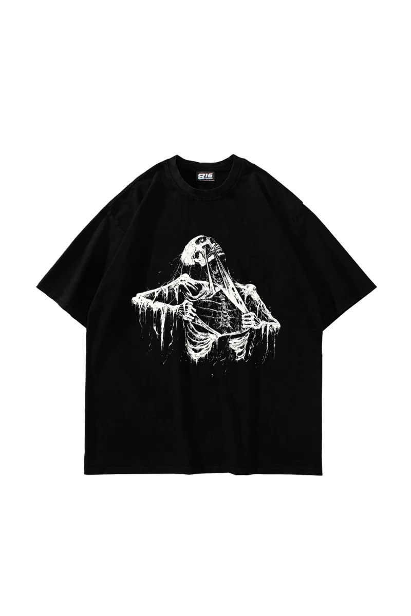 Skeleton Baskılı Oversize Unisex Siyah Tshirt