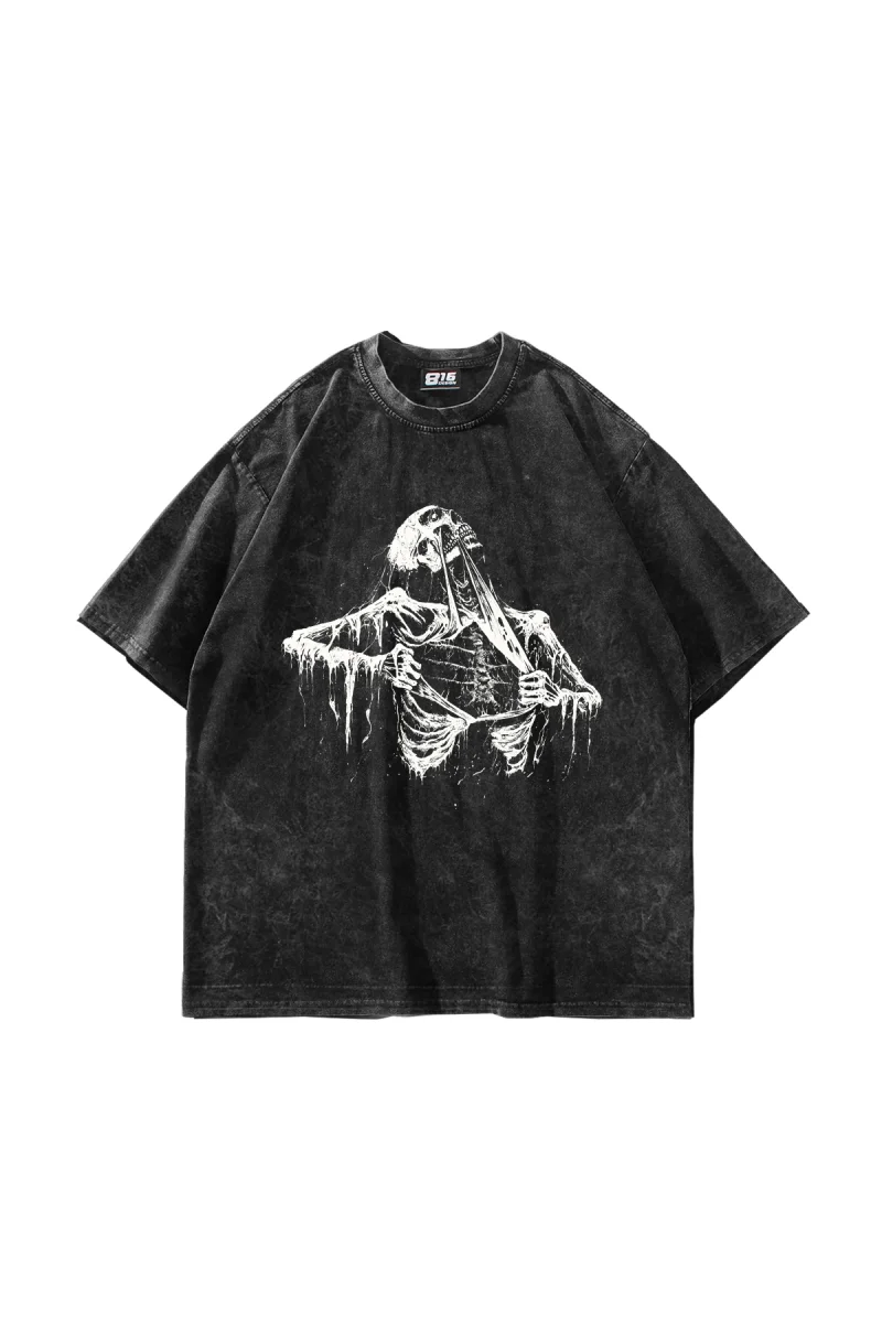Skeleton Baskılı Oversize Unisex Yıkamalı Siyah Tshirt