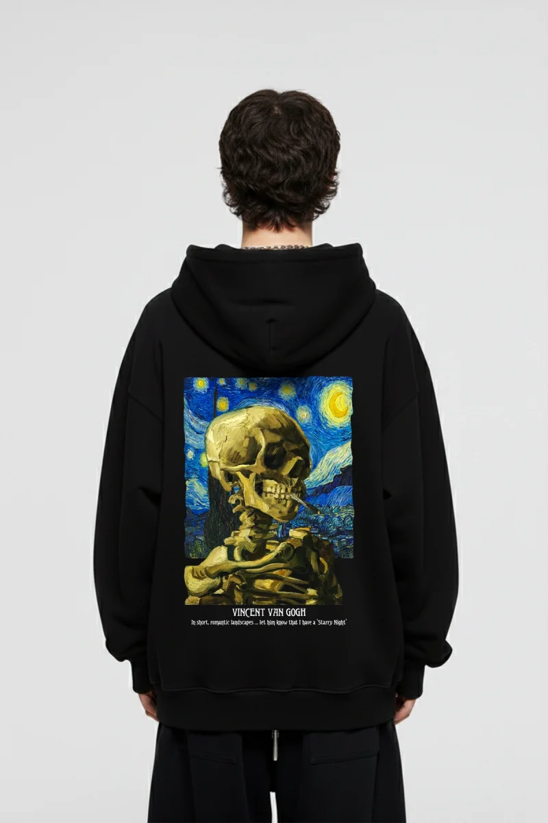 Skull of a Skeleton Baskılı Oversize Unisex Siyah Hoodie
