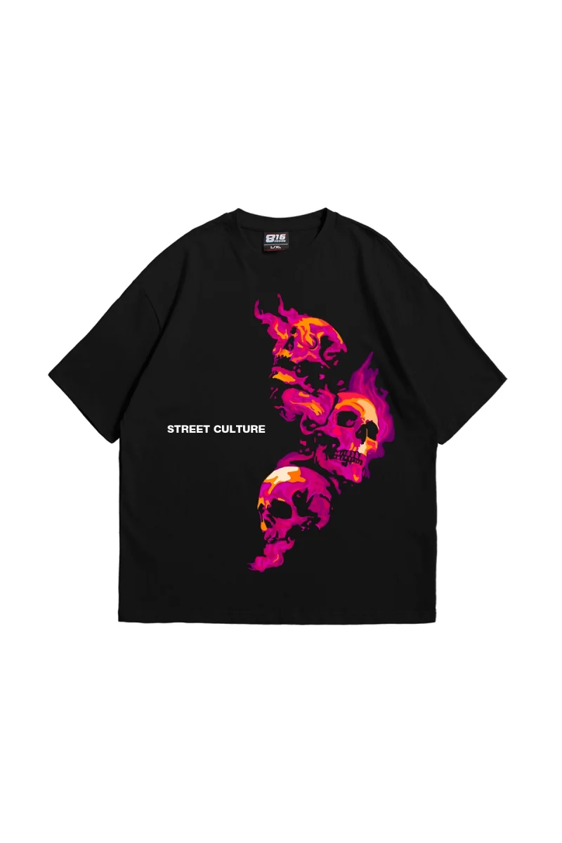 Skull Smoke 816 Baskılı 24/1 Oversize Unisex Siyah Tshirt