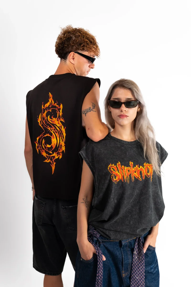 Slipknot Alev Logolu Baskılı Siyah Sıfır Kol Tshirt