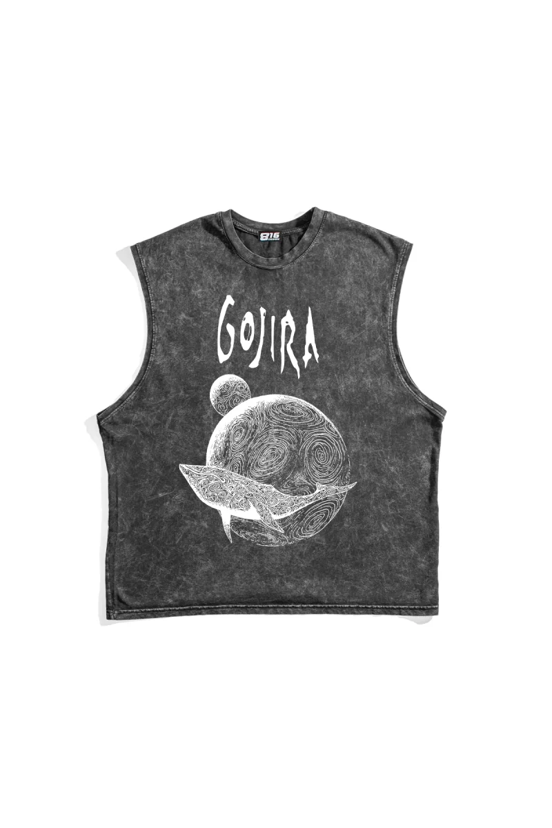 Gojira Flying Whales Baskılı Yıkamalı Siyah Sıfır Kol Tshirt