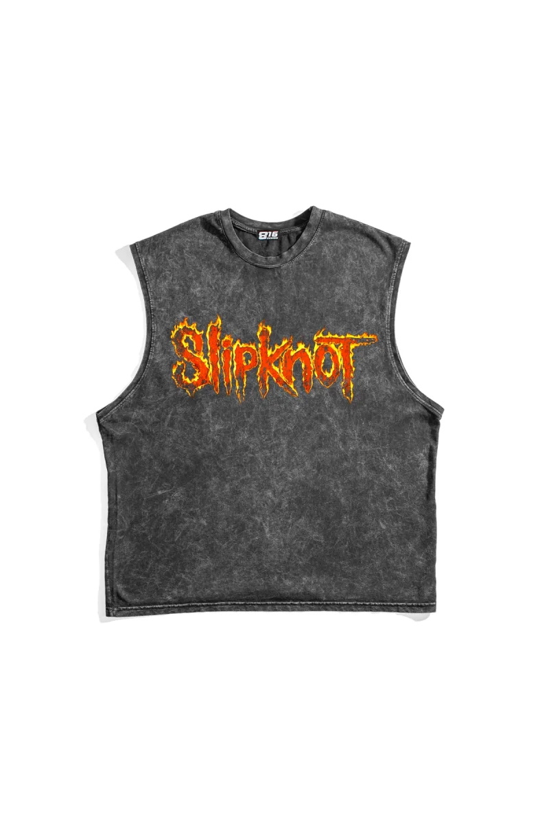 Slipknot Alev Logolu Baskılı Yıkamalı Siyah Sıfır Kol Tshirt