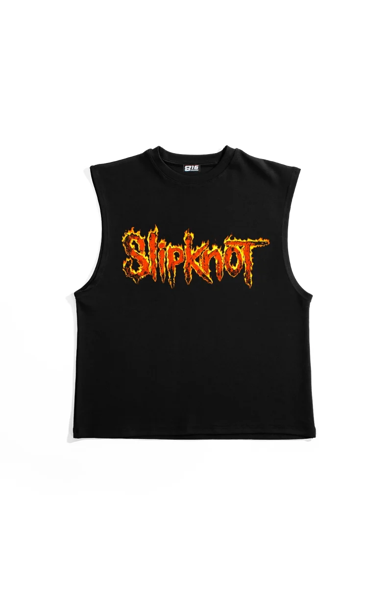 Slipknot Alev Logolu Baskılı Siyah Sıfır Kol Tshirt