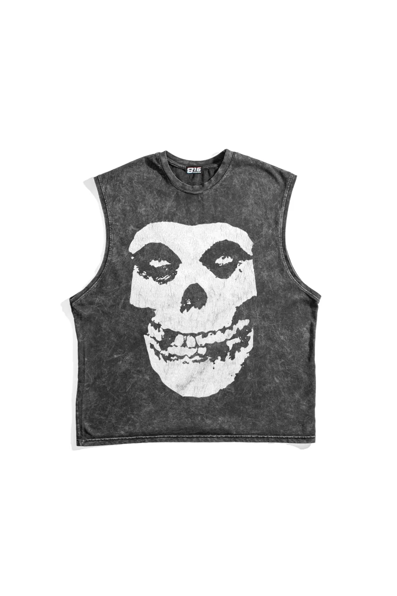 Misfits Baskılı Yıkamalı Siyah Sıfır Kol Tshirt