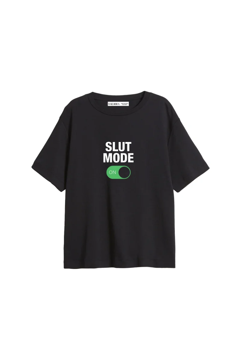 Slut Mode Baskılı Relaxed Fit Siyah Kadın Tshirt
