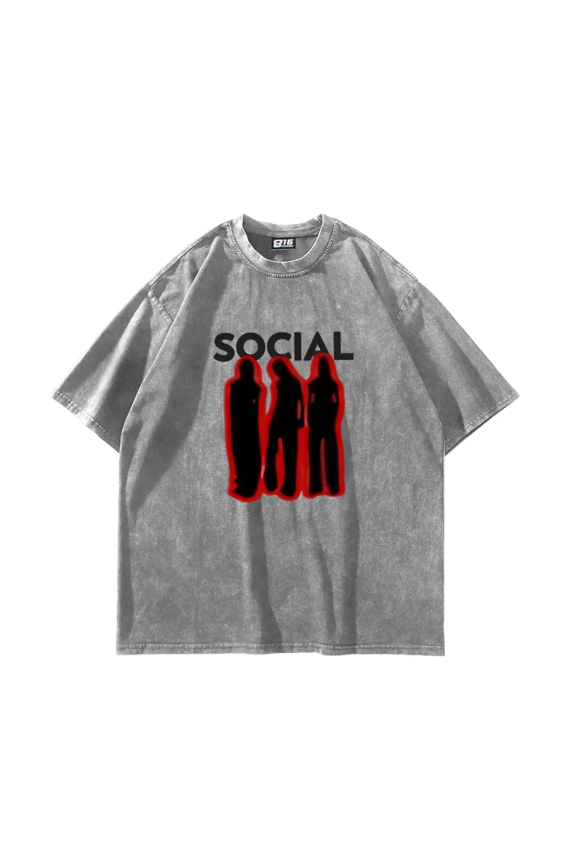 Social Baskılı Yıkamalı Beyaz Unisex Oversize Tshirt