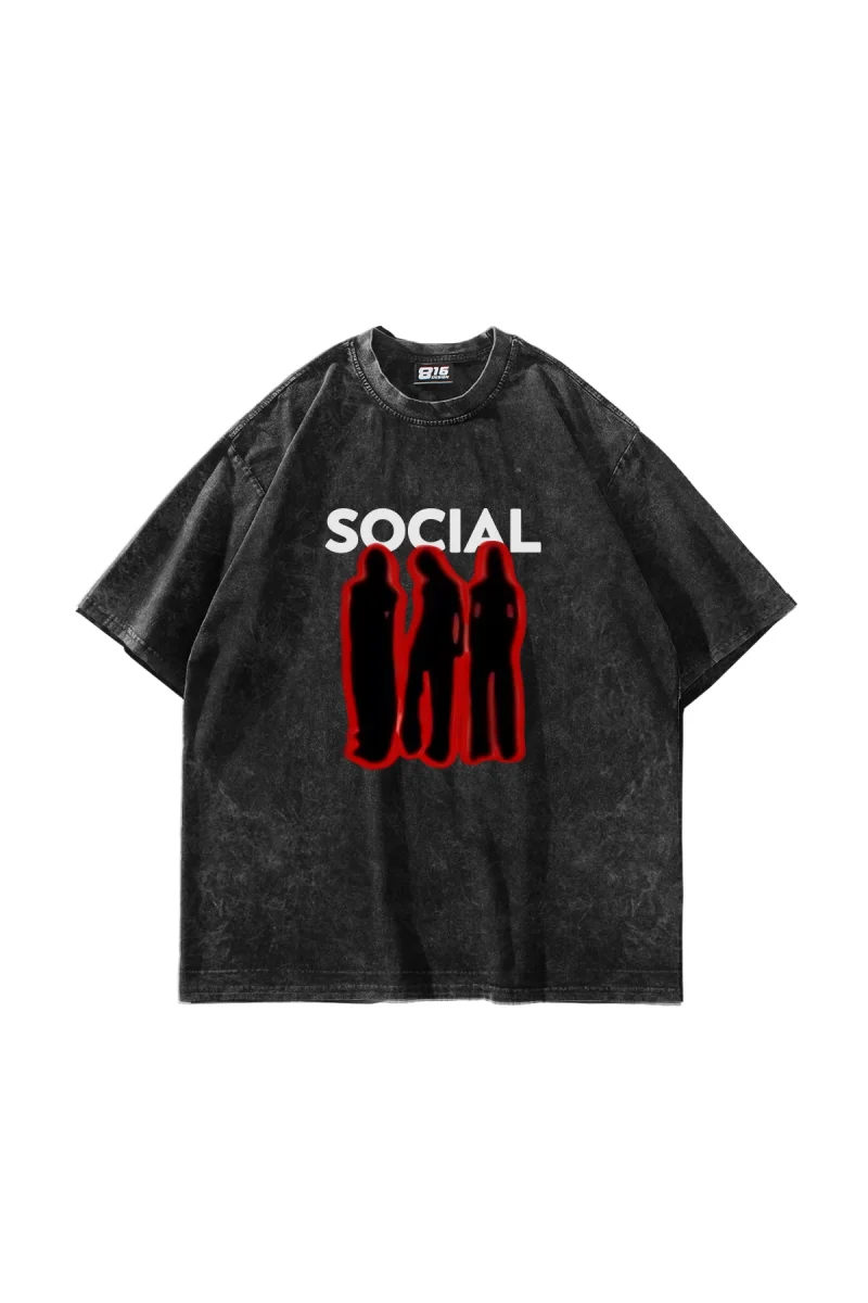 Social Baskılı Yıkamalı Siyah Unisex Oversize Tshirt