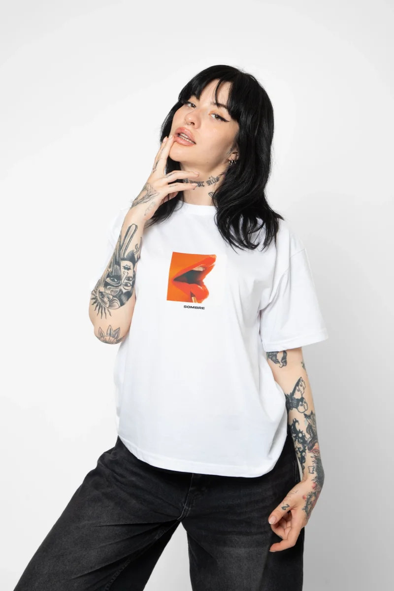 Sombre Baskılı Oversize Unisex Beyaz Tshirt