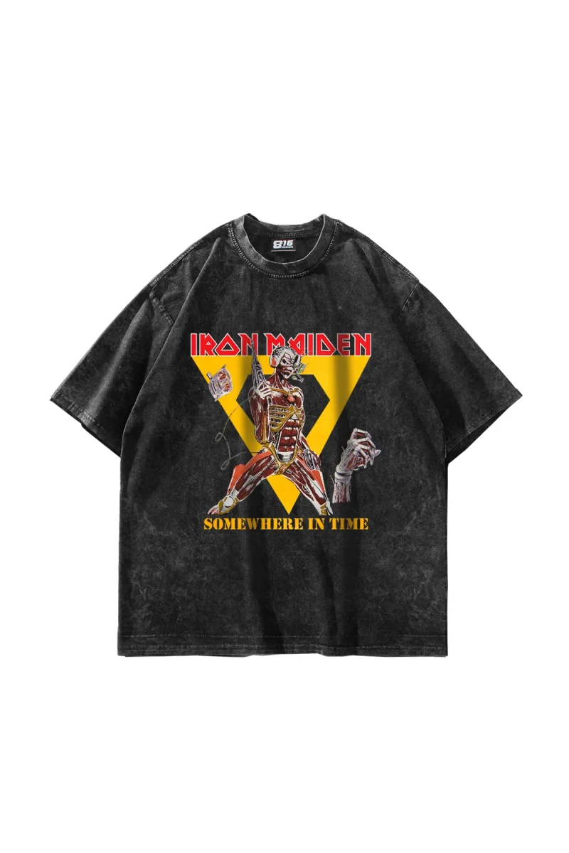 Somewhere In Time Baskılı Oversize Unisex Yıkamalı Siyah Tshirt
