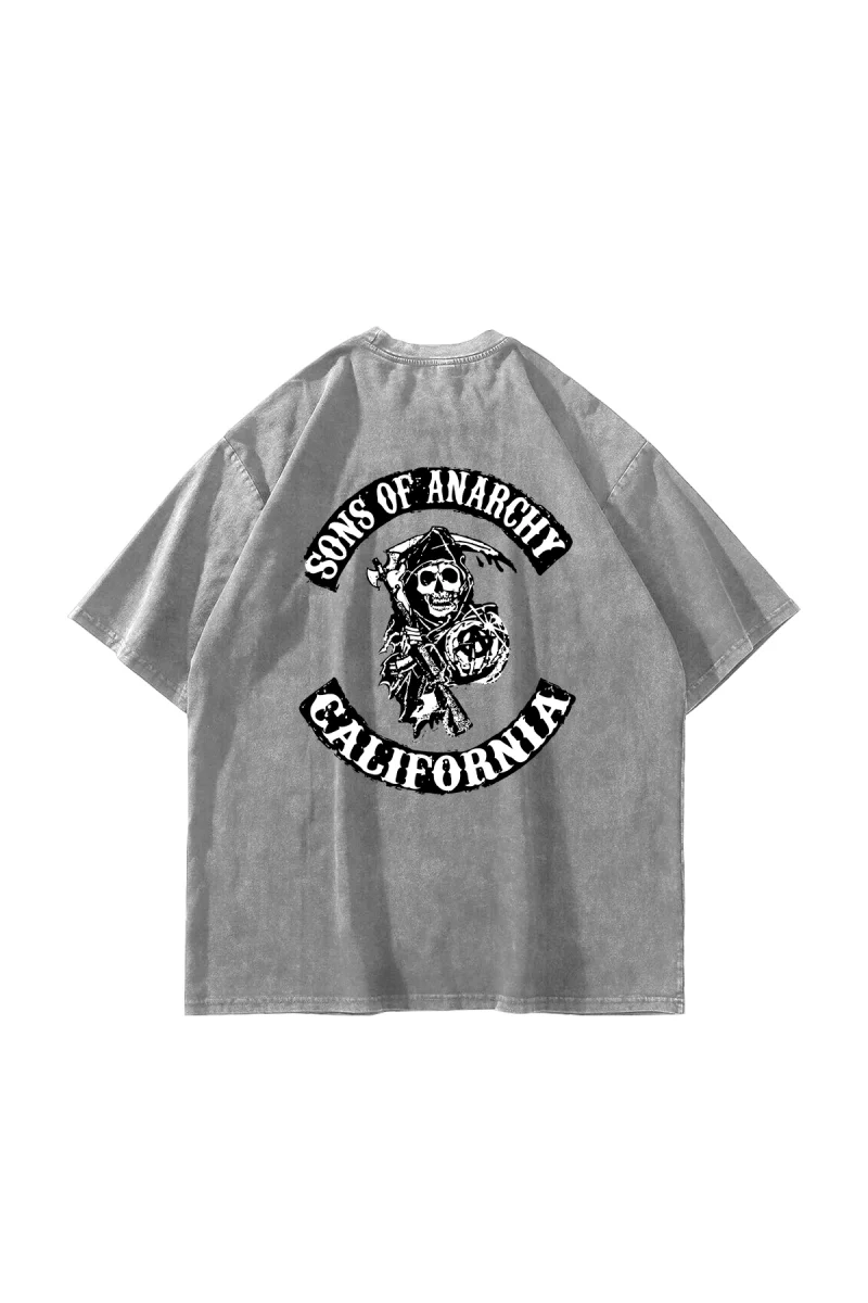 Sons Of Anarchy Baskılı Oversize Unisex Yıkamalı Beyaz Tshirt