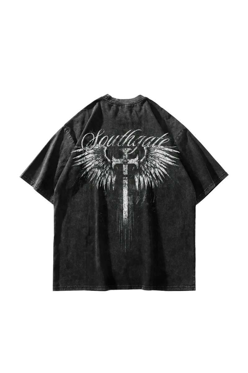 South Gate Baskılı Yıkamalı Siyah Oversize Tshirt