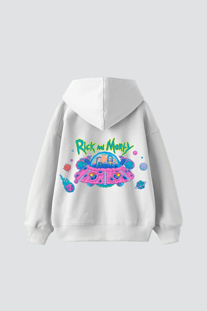 Space Ship Baskılı Oversize Unisex Beyaz Hoodie