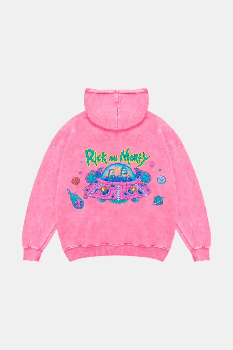 Space Ship Baskılı Oversize Unisex Yıkamalı Pembe Hoodie