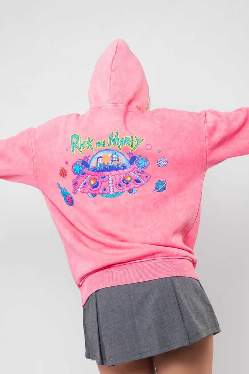 Space Ship Baskılı Oversize Unisex Yıkamalı Pembe Hoodie