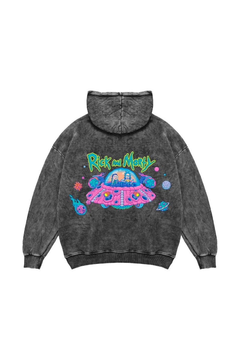 Space Ship Baskılı Oversize Unisex Yıkamalı Siyah Hoodie