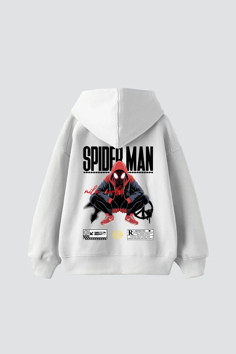 Spıder Baskılı Oversize Unisex Beyaz Hoodie