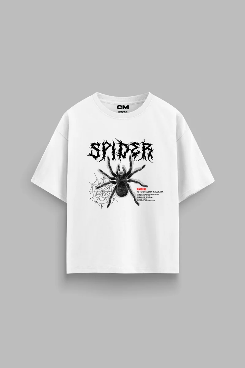 Spider Baskılı Rahat Kalıp 30/1 Unisex Beyaz Tshirt
