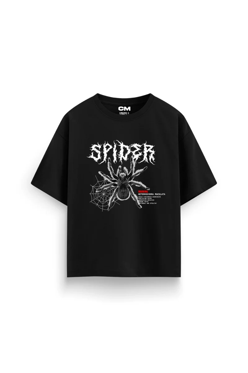 Spider Baskılı Rahat Kalıp 30/1 Unisex Siyah Tshirt