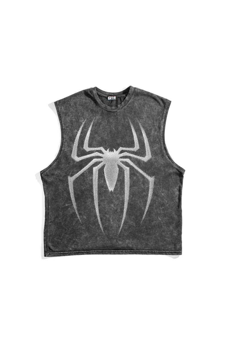Spider Graphic Baskılı Yıkamalı Siyah Sıfır Kol Tshirt