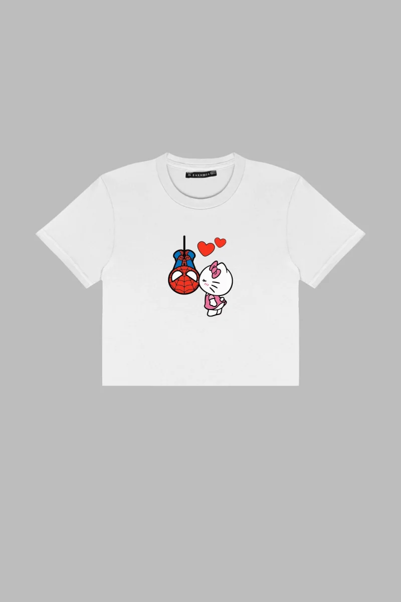 Spider X Hello K. Baskılı Kemer Boy Oversize Kadın Beyaz Tshirt