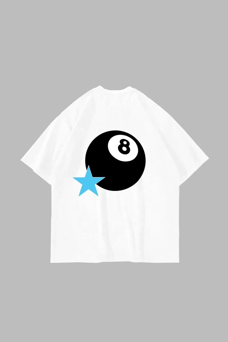 Star Eight Ball Baskılı Oversize Unisex Beyaz Tshirt