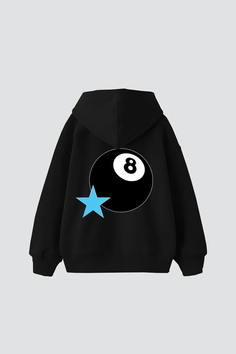 Star Eight Ball Baskılı Oversize Unisex Siyah Hoodie