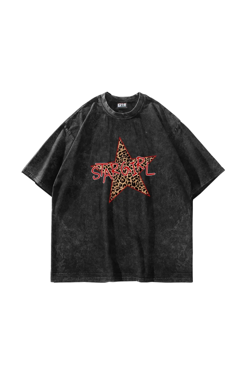 Star Girl Baskılı Oversize Unisex Yıkamalı Siyah Tshirt