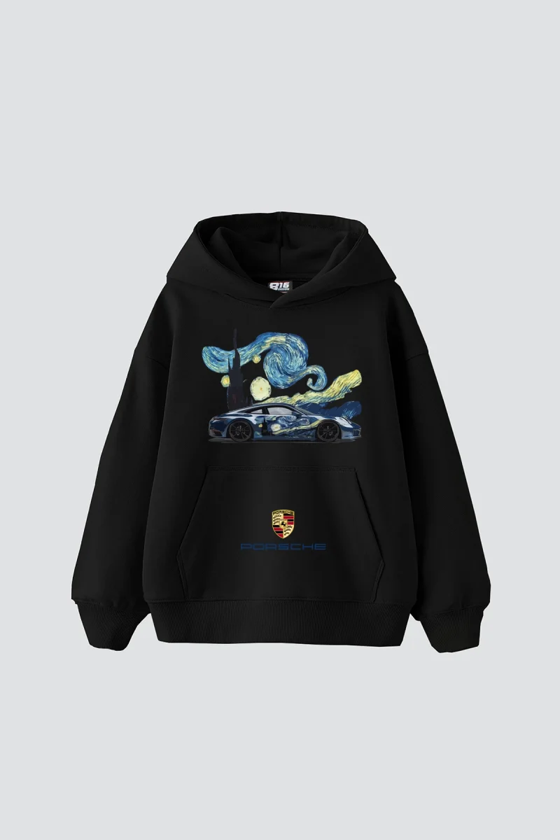 Starry Night Porsche Baskılı Oversize Unisex Siyah Hoodie