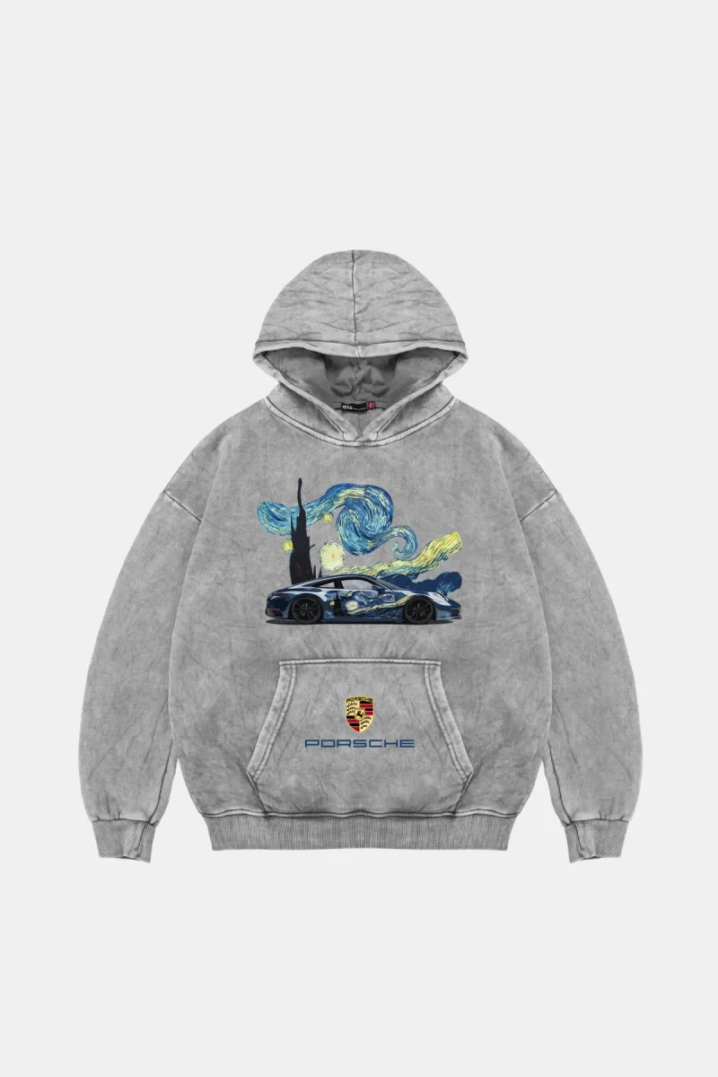 Starry Night Porsche Baskılı Oversize Unisex Yıkamalı Beyaz Hoodie