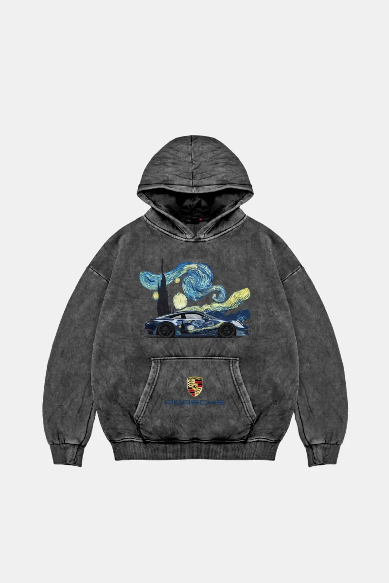 Starry Night Porsche Baskılı Oversize Unisex Yıkamalı Siyah Hoodie