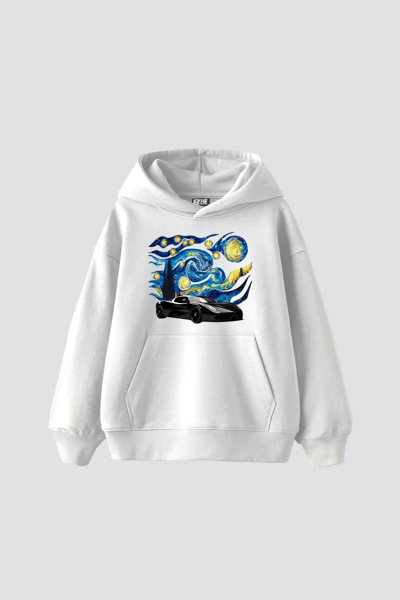 Starry Night Race Baskılı Oversize Unisex Beyaz Hoodie