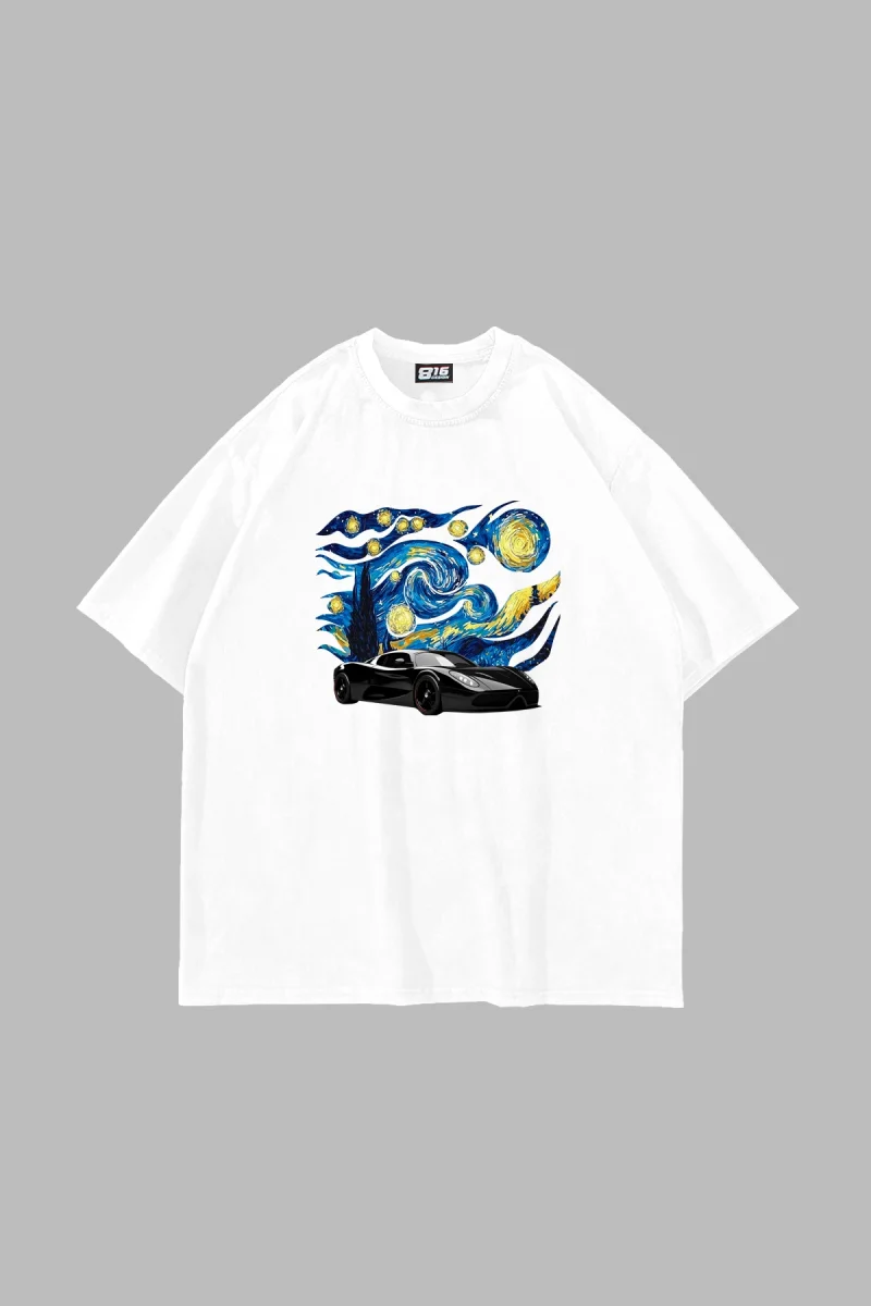 Starry Night Race Baskılı Oversize Unisex Beyaz Tshirt