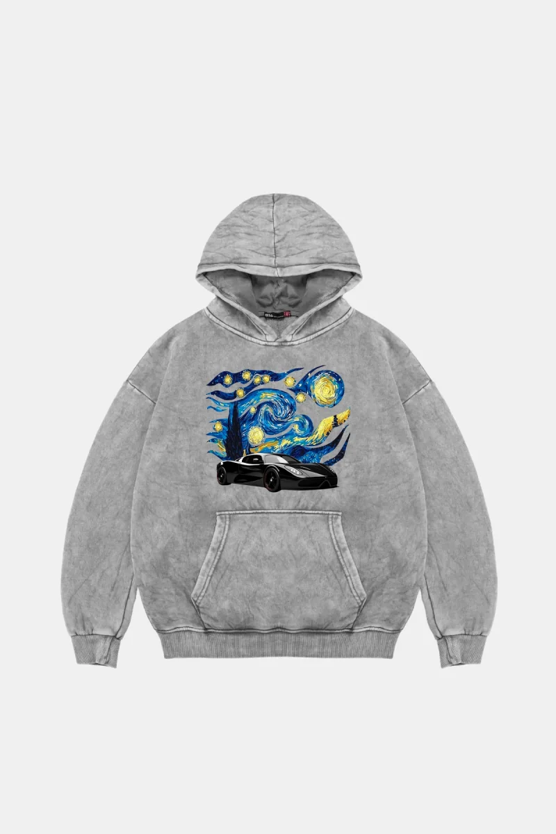 Starry Night Race Baskılı Oversize Unisex Yıkamalı Beyaz Hoodie