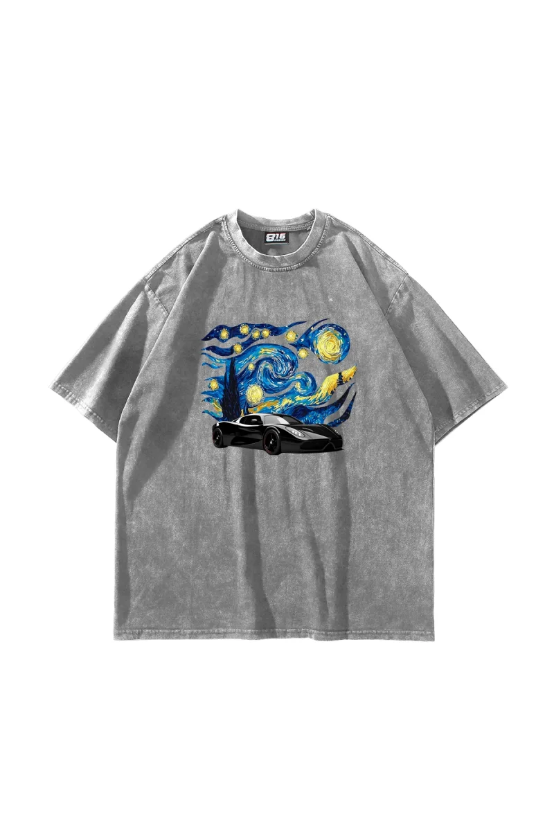 Starry Night Race Baskılı Oversize Unisex Yıkamalı Beyaz Tshirt