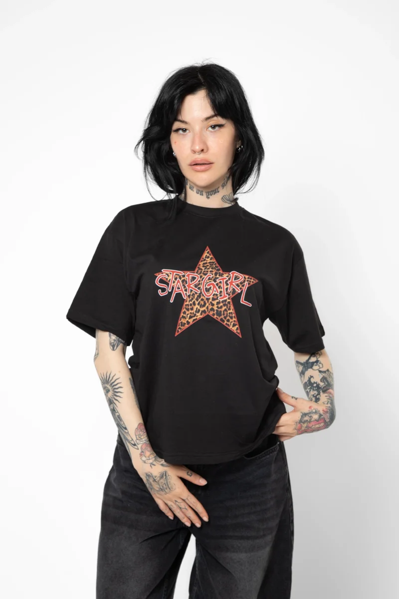 Starz Girl Baskılı Relaxed Fit Siyah Kadın Tshirt