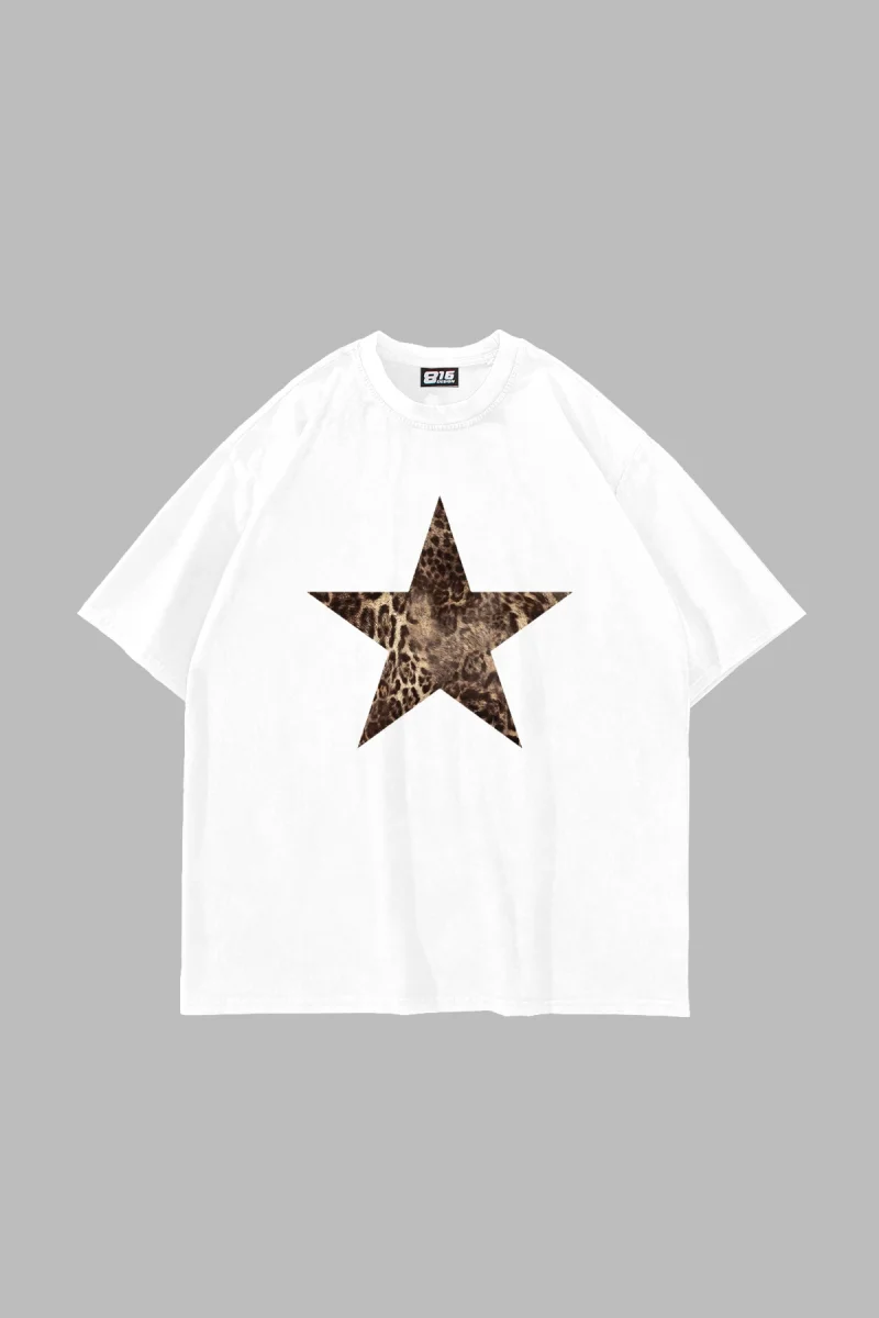 Starz Leopar Baskılı 24/1 Oversize Unisex Beyaz Tshirt