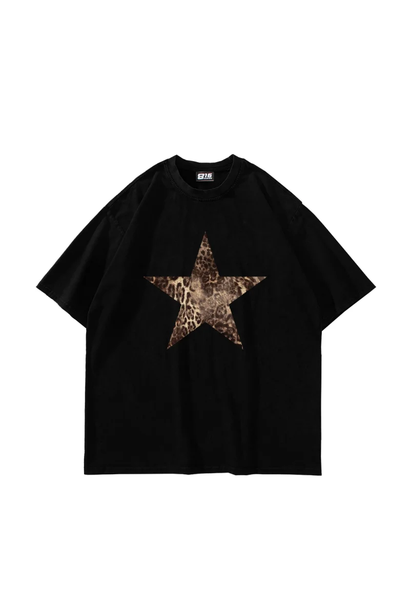 Starz Leopar Baskılı 24/1 Oversize Unisex Siyah Tshirt