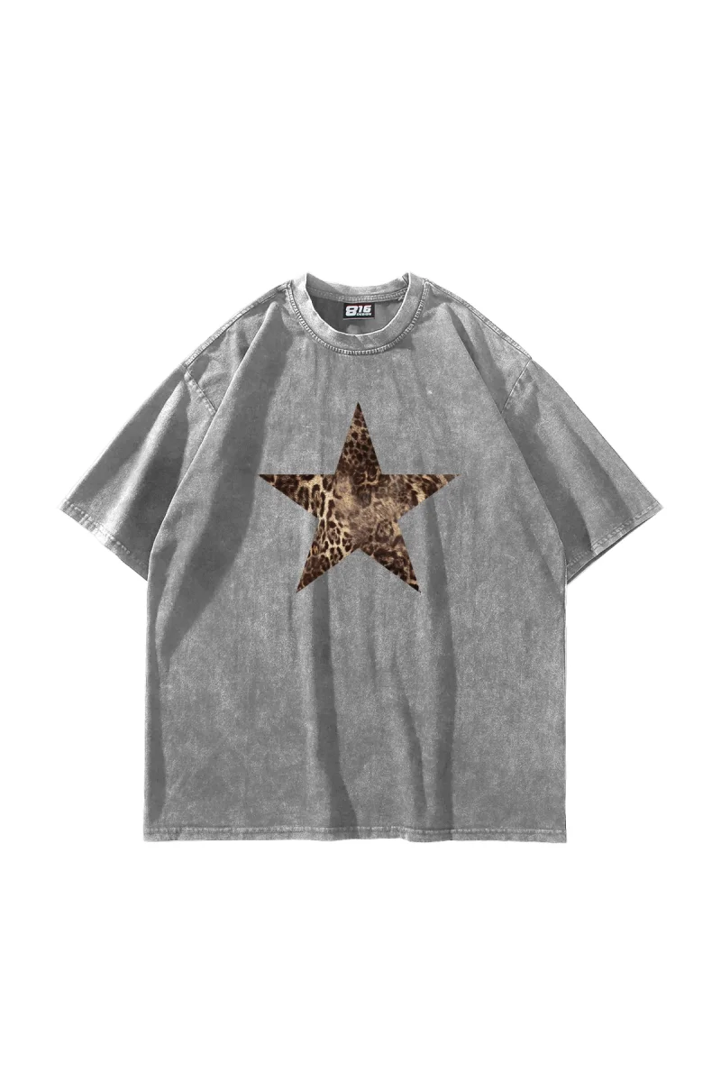 Starz Leopar Baskılı 24/1 Oversize Unisex Yıkamalı Beyaz Tshirt