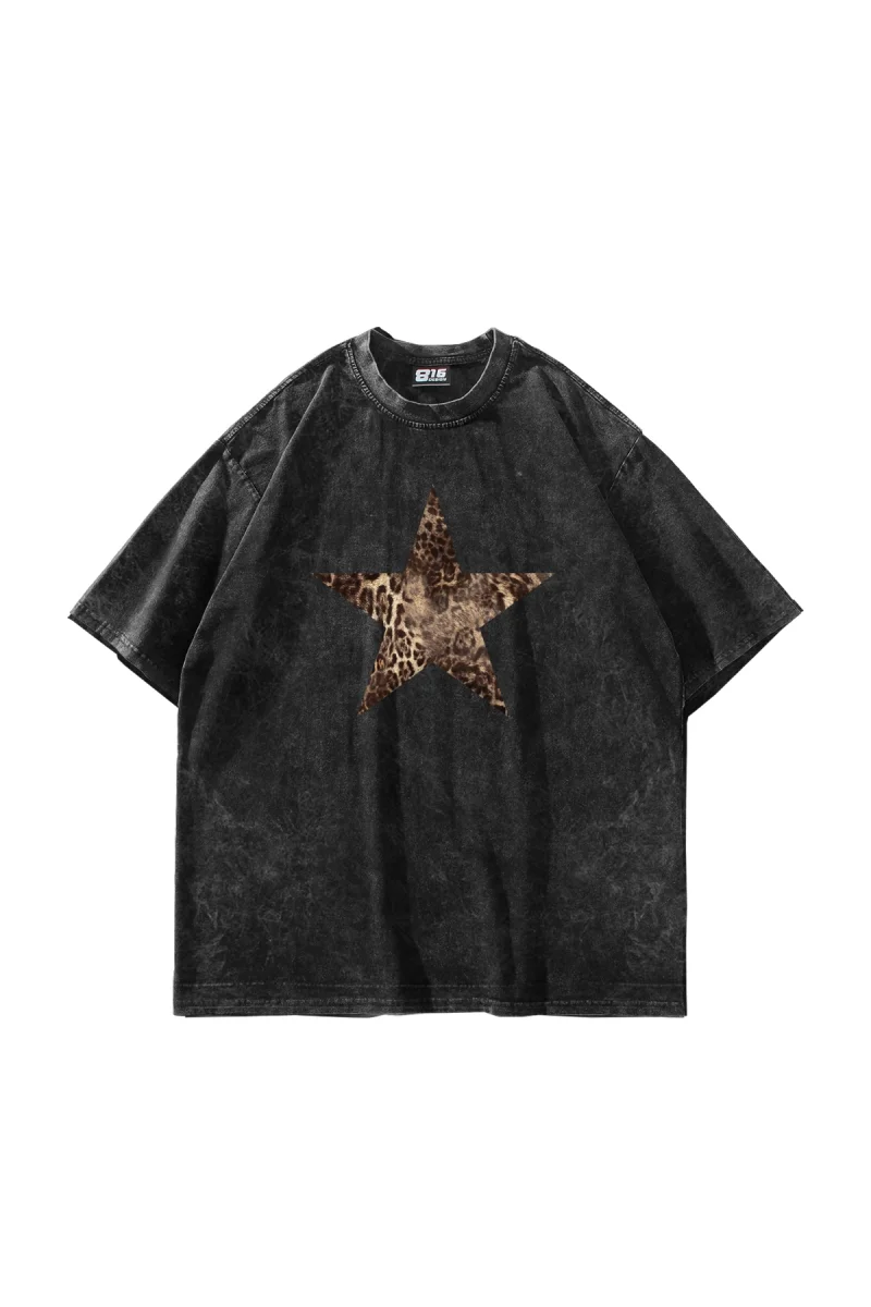 Starz Leopar Baskılı 24/1 Oversize Unisex Yıkamalı Siyah Tshirt