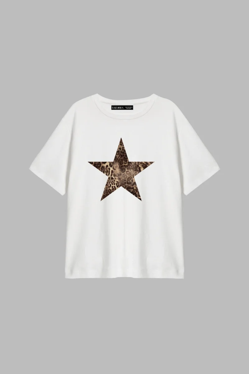 Starz Leopar Baskılı Relaxed Fit Beyaz Kadın Tshirt