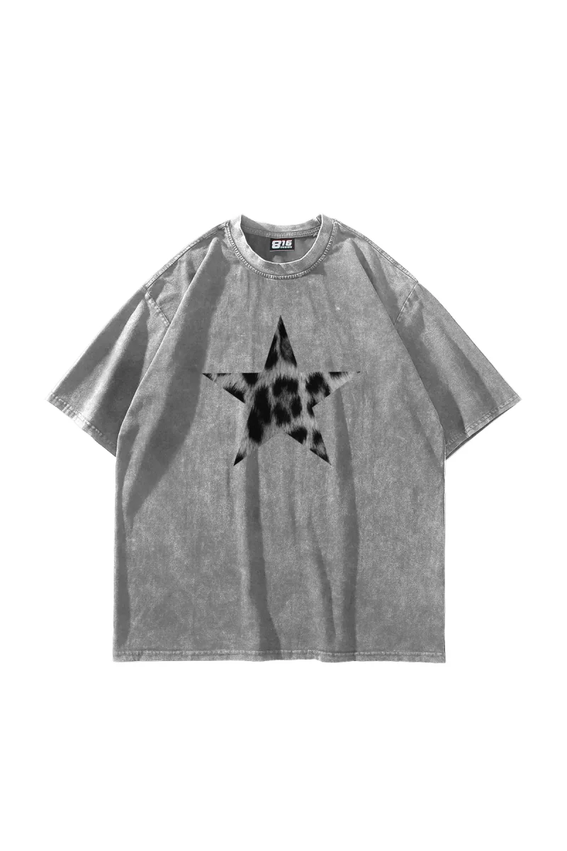 Starz Leopar Baskılı V2 24/1 Oversize Unisex Yıkamalı Beyaz Tshirt
