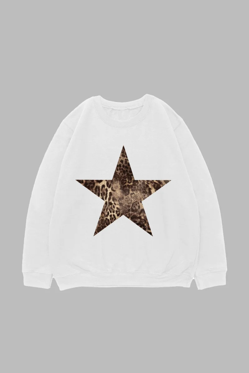 Starz Leopar Baskılı Beyaz Oversize Unisex Sweatshirt