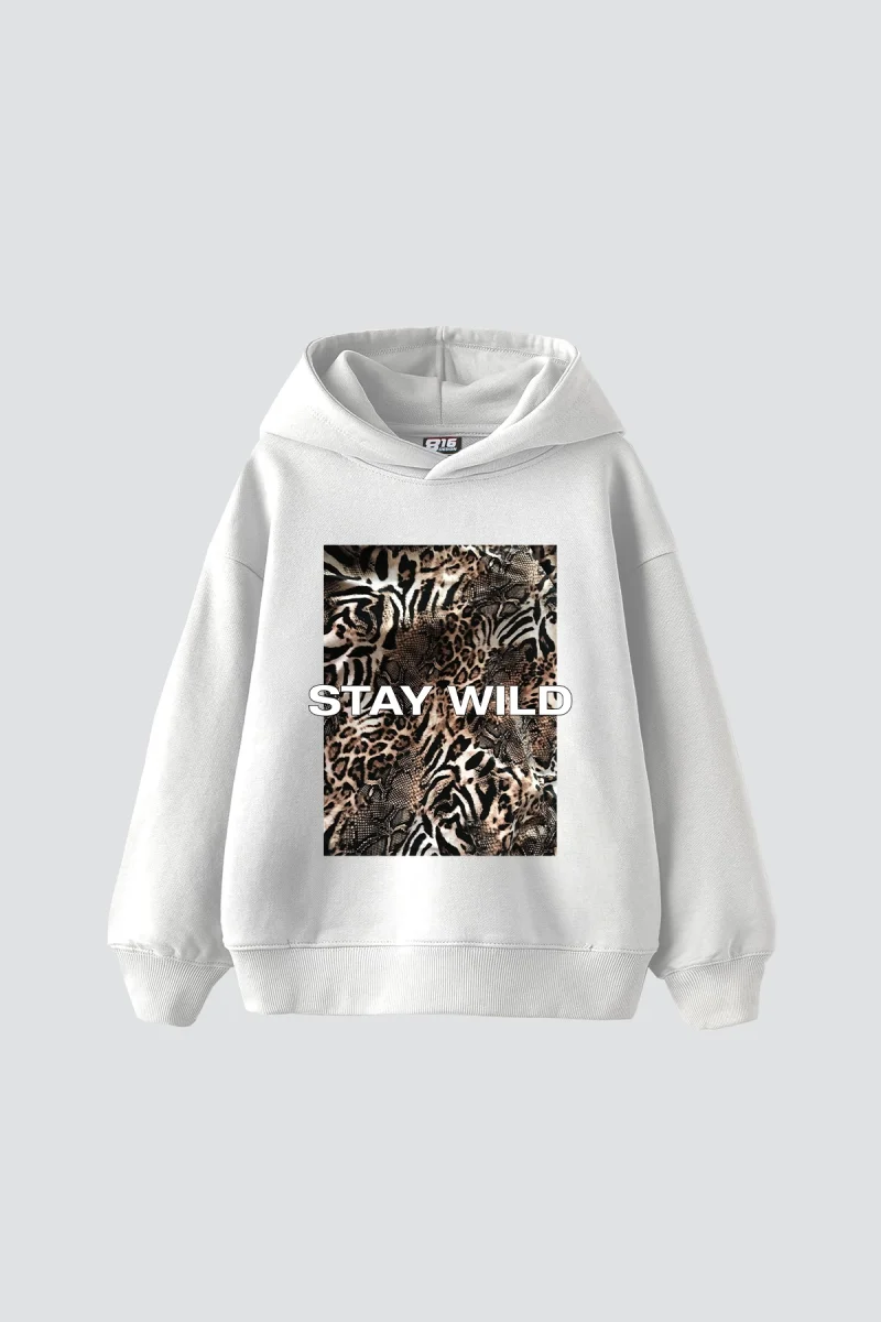 Stay Wild Leopar Baskılı Oversize Unisex Premium Beyaz Hoodie