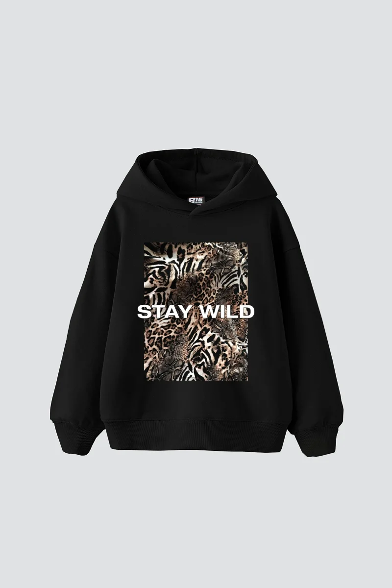 Stay Wild Leopar Baskılı Oversize Unisex Premium Siyah Hoodie