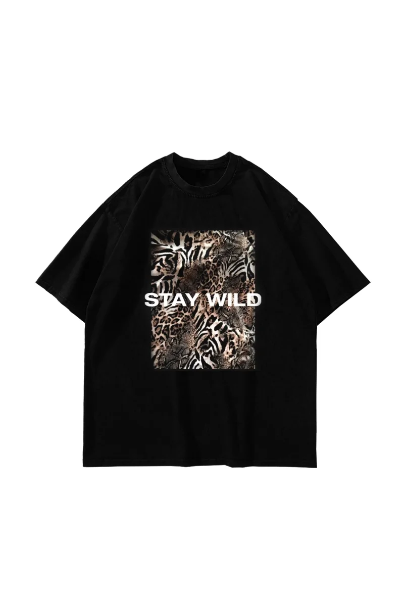 Pano Baskı Stay Wild Leopar 24/1 Oversize Unisex Siyah Tshirt