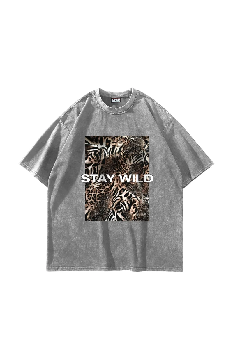 Pano Baskı Stay Wild Leopar 24/1 Oversize Unisex Yıkamalı Beyaz Tshirt